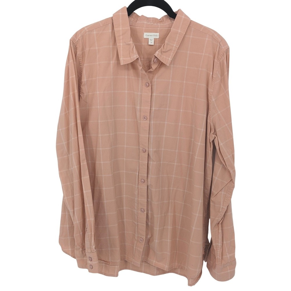 Garnet Hill Organic Pima Cotton Shirt‎ Womens 18 Peach Orange Plaid Button Up